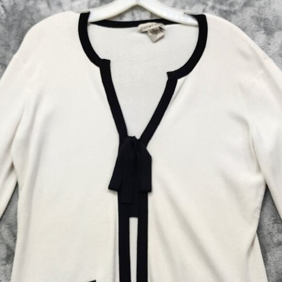 Vintage Notations Sweater Womens M White Black Tie Front Preppy Rayon Nylon Knit - Picture 2 of 10